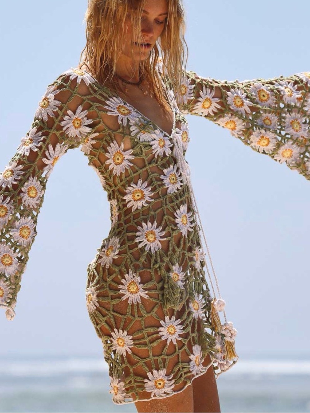 Daisy Crochet Mini Dress in Tan and White